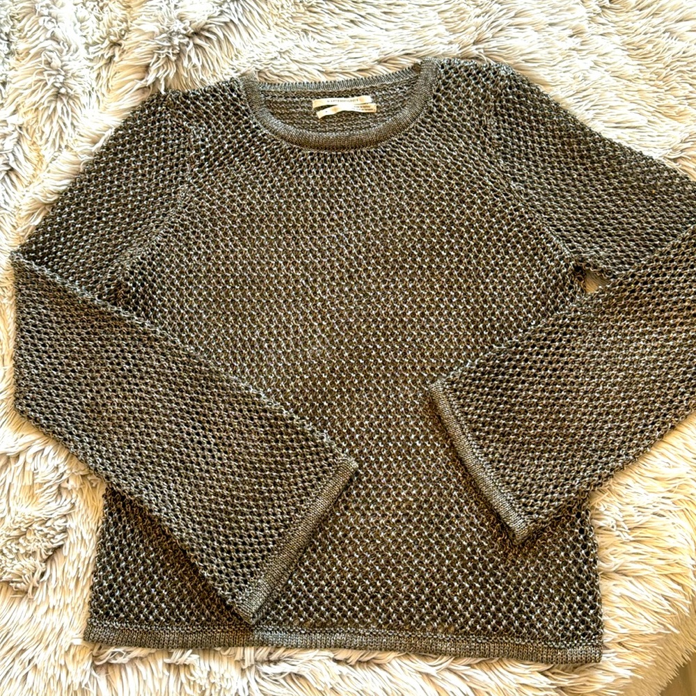 By Anthropologie Metallic Grey open stitch long sleeve sweater